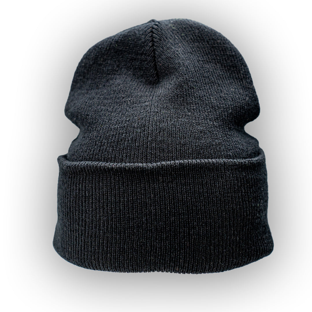 BLACK LEATHER PATCH BEANIE