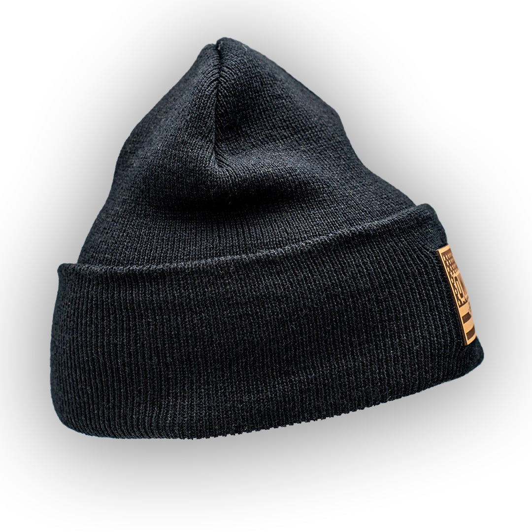 BLACK LEATHER PATCH BEANIE