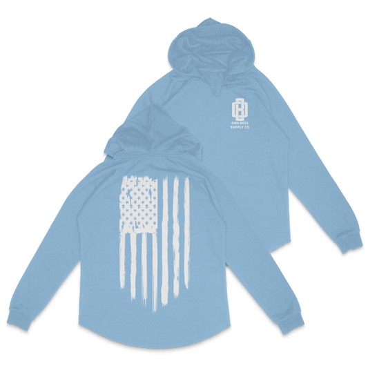 Womens  Distressed American Flag Hoodie - Own Boss Supply Co