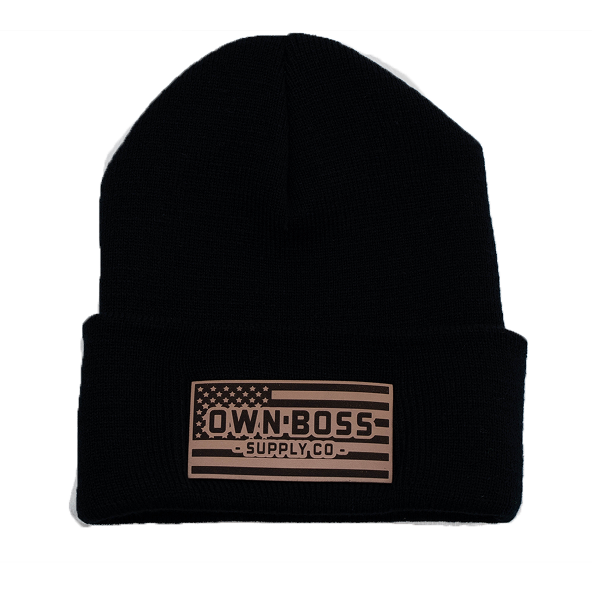 BLACK LEATHER PATCH BEANIE - Own Boss Supply Co